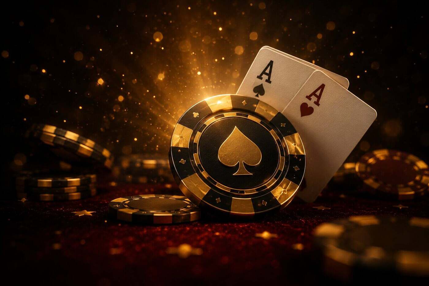 Pair of aces and poker chips on dark red felt